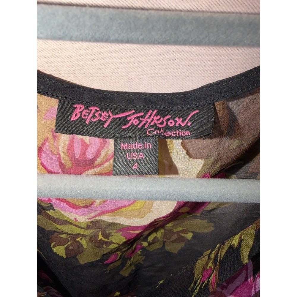 Vintage Betsey Johnson Dress 4 Black Pink Floral Sheer LS Ruffle Mini/need Slip - Picture 3 of 6